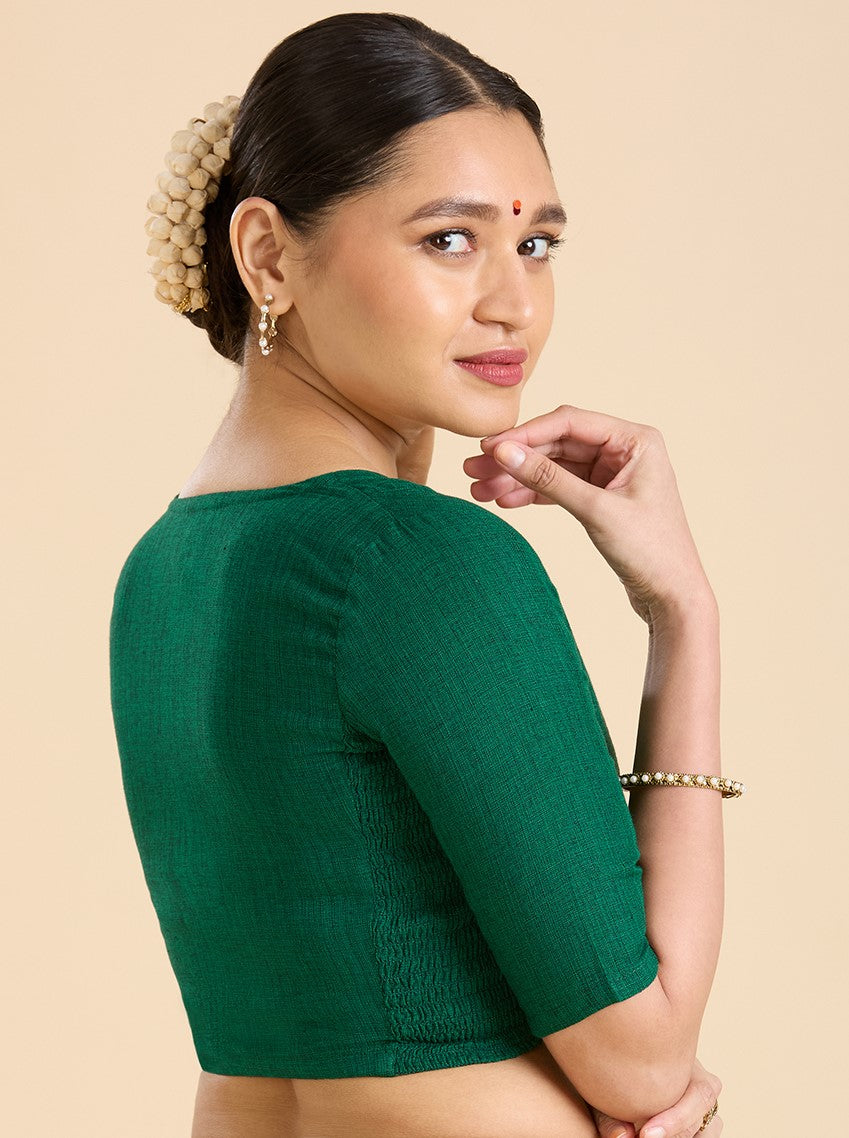 Women's Green Madras Handloom Cotton Side Stretchable (Smocked) Readymade Saree (Design 2929)