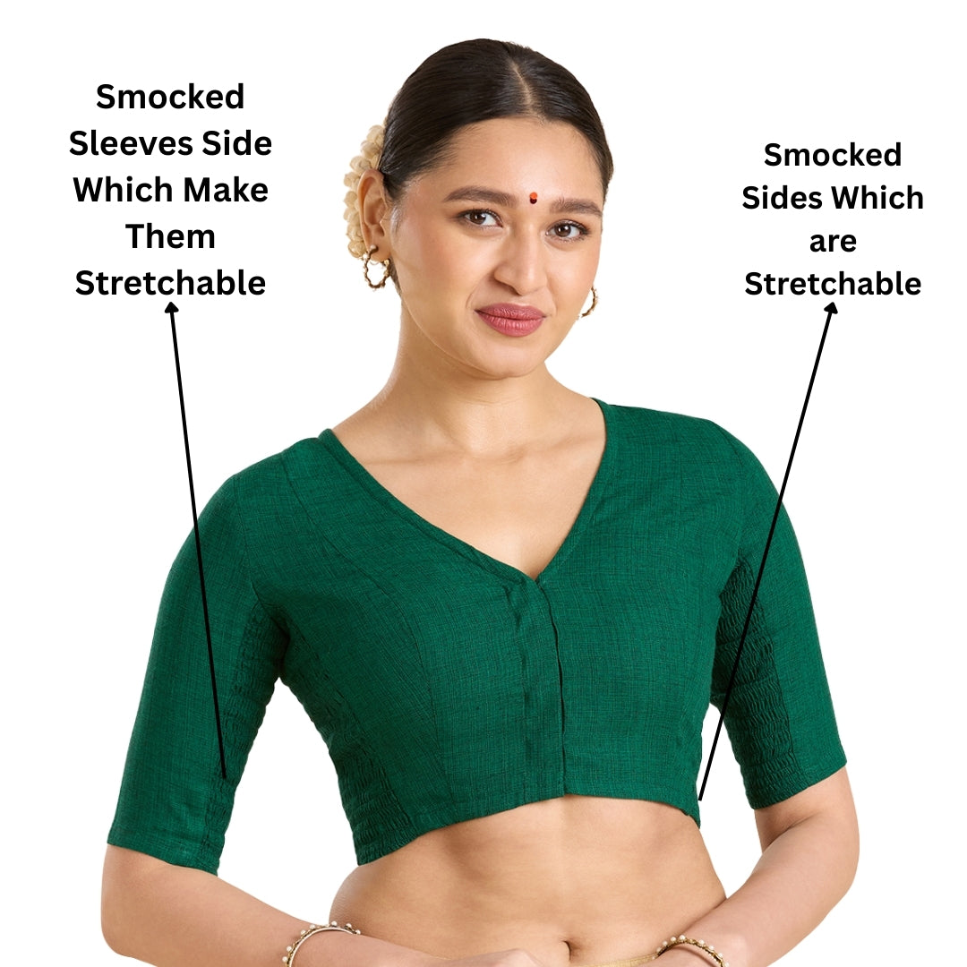Women's Green Madras Handloom Cotton Side Stretchable (Smocked) Readymade Saree (Design 2929)