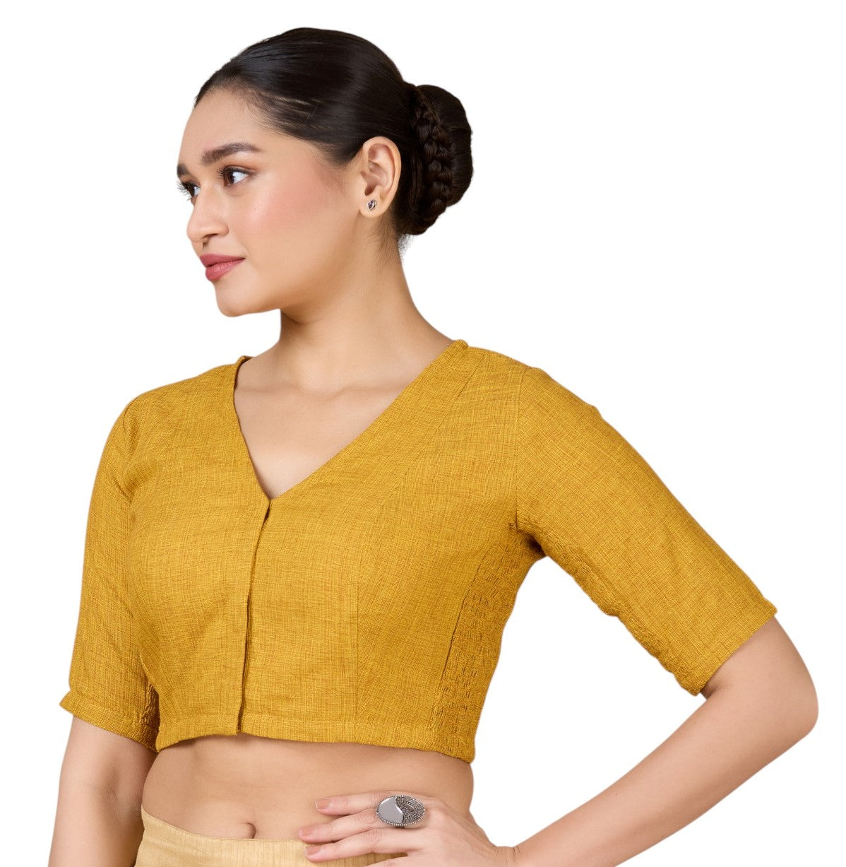 Women's Yellow Madras Handloom Cotton Side Stretchable (Smocked) Readymade Saree (Design 2929)