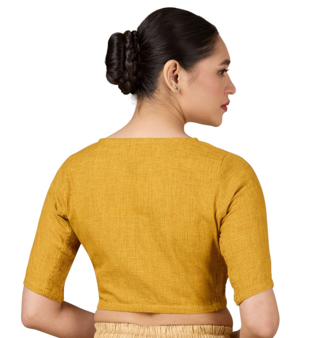 Women's Yellow Madras Handloom Cotton Side Stretchable (Smocked) Readymade Saree (Design 2929)