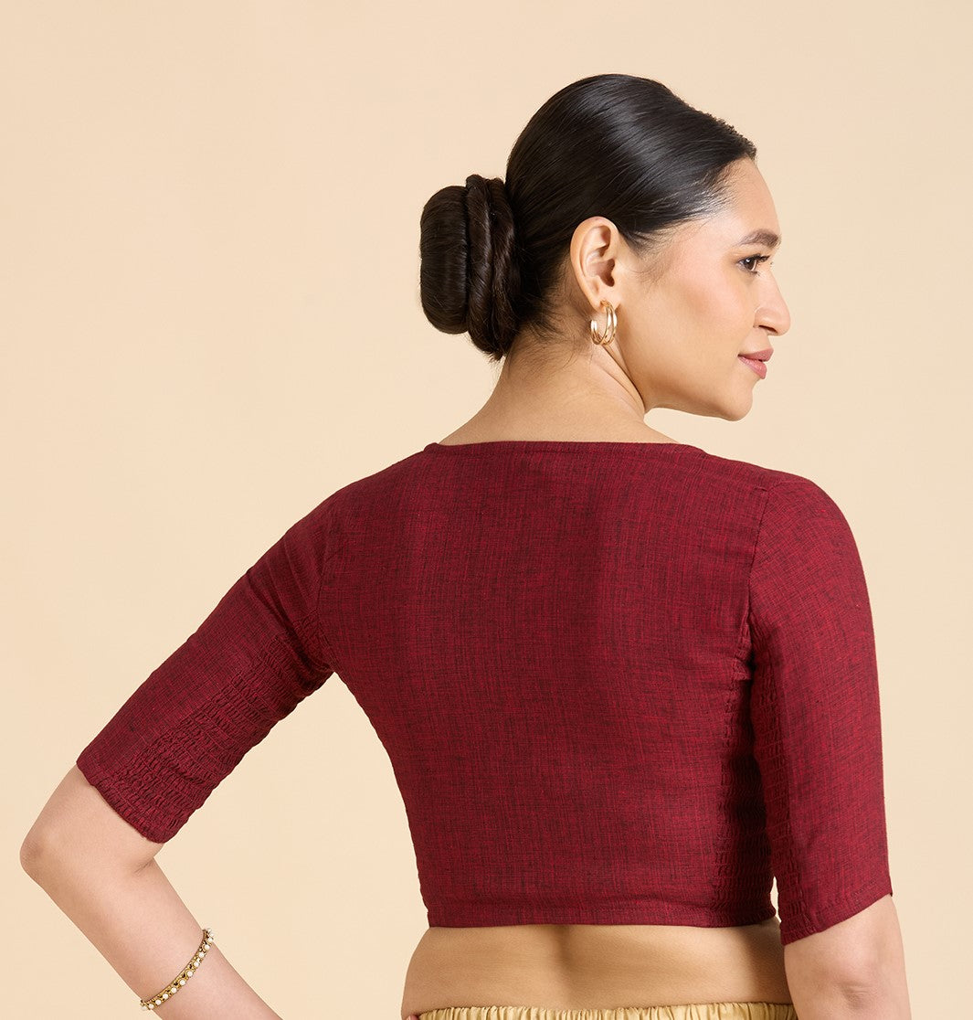 Women's Maroon Madras Handloom Cotton Side Stretchable (Smocked) Readymade Saree (Design 2929)