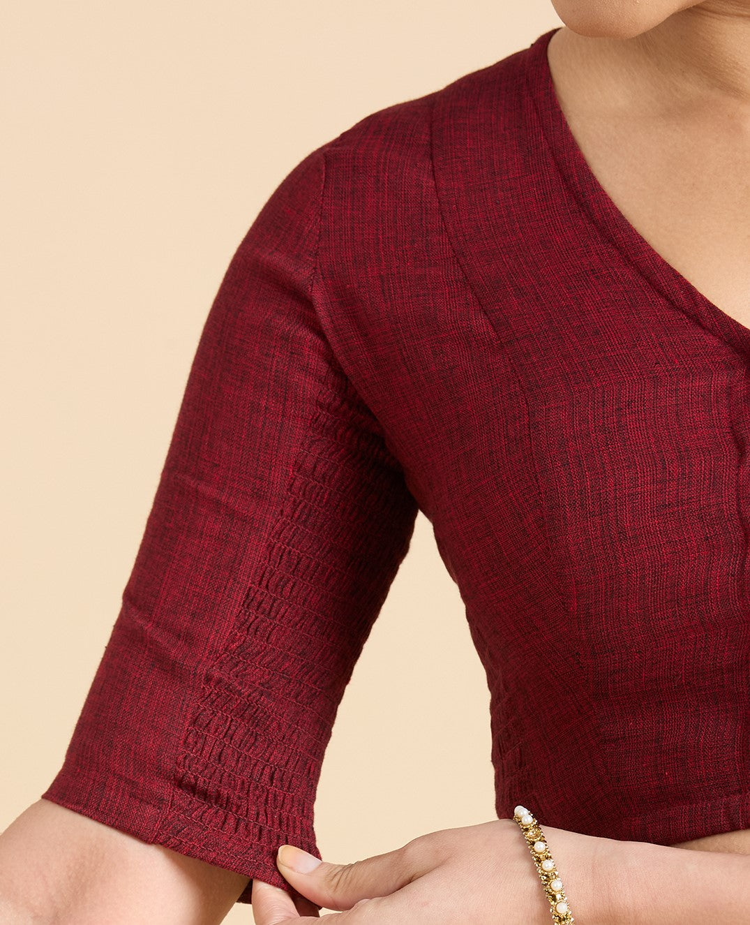 Women's Maroon Madras Handloom Cotton Side Stretchable (Smocked) Readymade Saree (Design 2929)