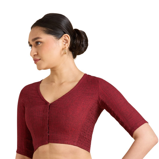 Women's Maroon Madras Handloom Cotton Side Stretchable (Smocked) Readymade Saree (Design 2929)