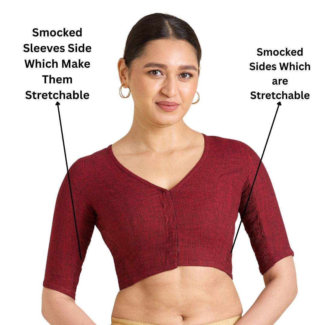Women's Maroon Madras Handloom Cotton Side Stretchable (Smocked) Readymade Saree (Design 2929)
