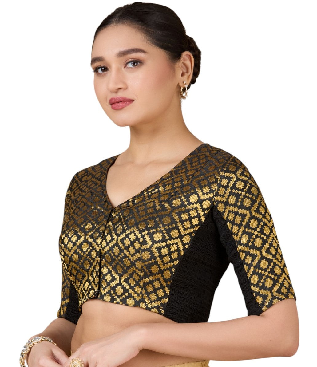 Women's Black Brocade Side Stretchable (Smocked) Readymade Saree Blouse (Design 2930)