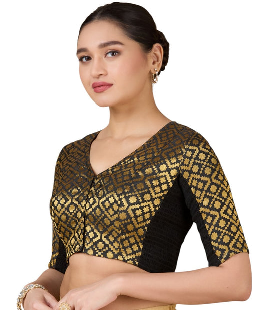 Women's Black Brocade Side Stretchable (Smocked) Readymade Saree Blouse (Design 2930)