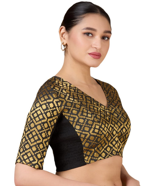 Women's Black Brocade Side Stretchable (Smocked) Readymade Saree Blouse (Design 2930)