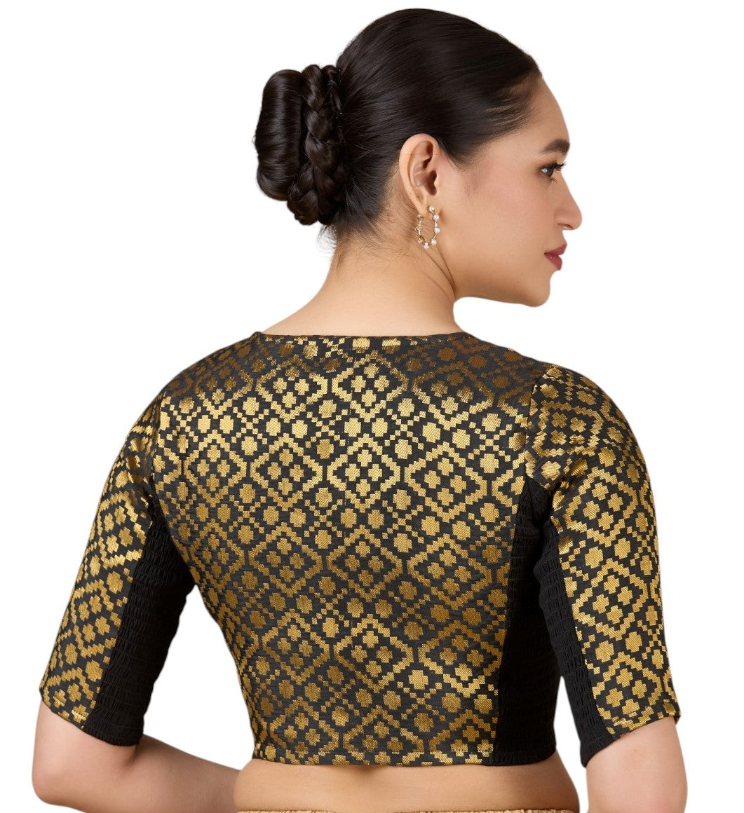 Women's Black Brocade Side Stretchable (Smocked) Readymade Saree Blouse (Design 2930)