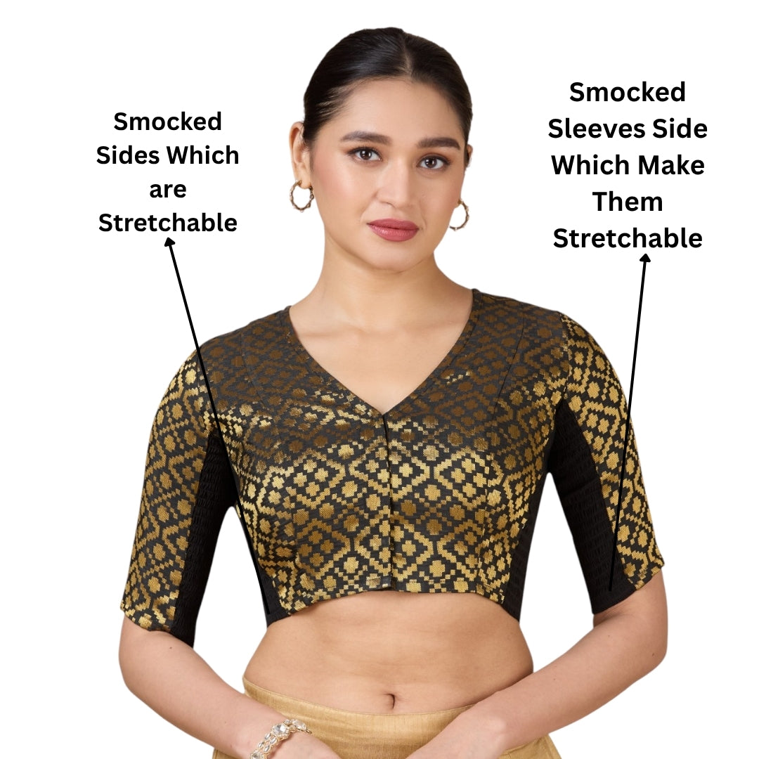 Women's Black Brocade Side Stretchable (Smocked) Readymade Saree Blouse (Design 2930)