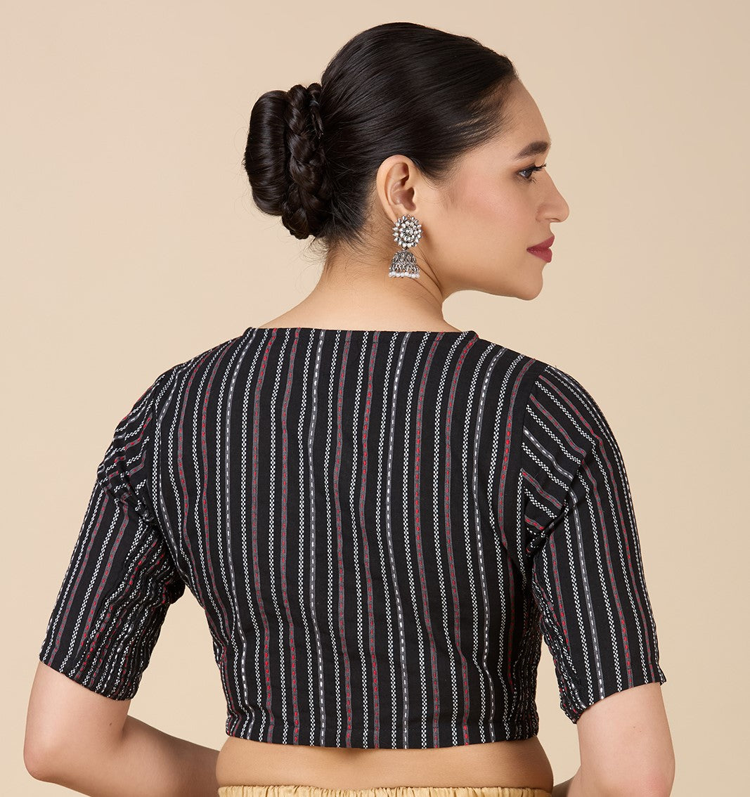 Women's Black Handloom Cotton Side Stretchable (Smocked) Readymade Saree Blouse (Design 2931)