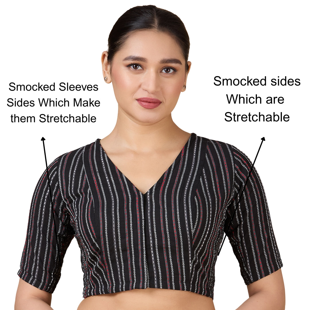 Women's Black Handloom Cotton Side Stretchable (Smocked) Readymade Saree Blouse (Design 2931)