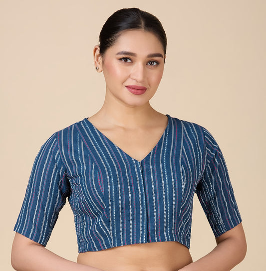 Women's Blue Handloom Cotton Side Stretchable (Smocked) Readymade Saree Blouse (Design 2931)