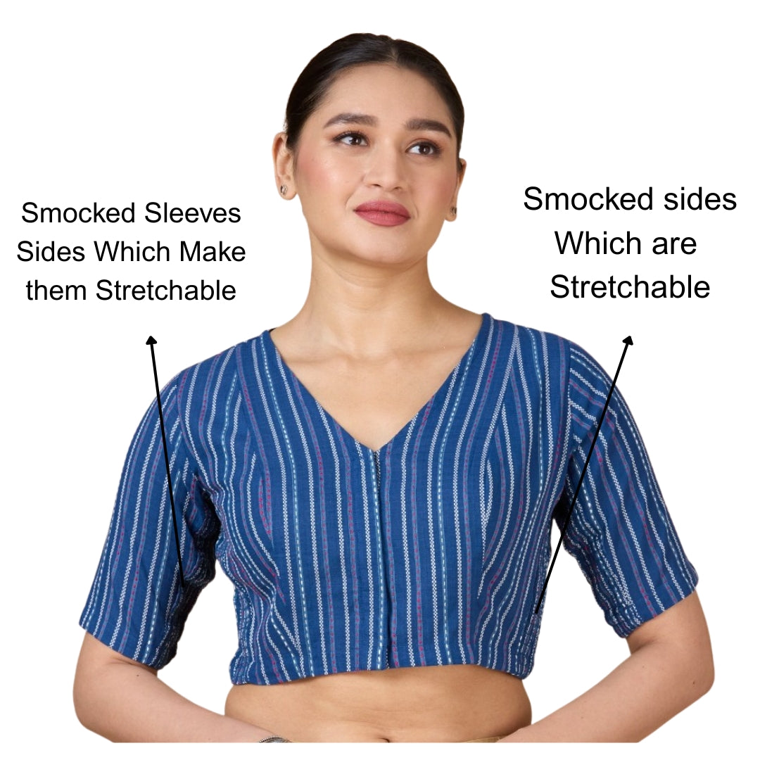 Women's Blue Handloom Cotton Side Stretchable (Smocked) Readymade Saree Blouse (Design 2931)