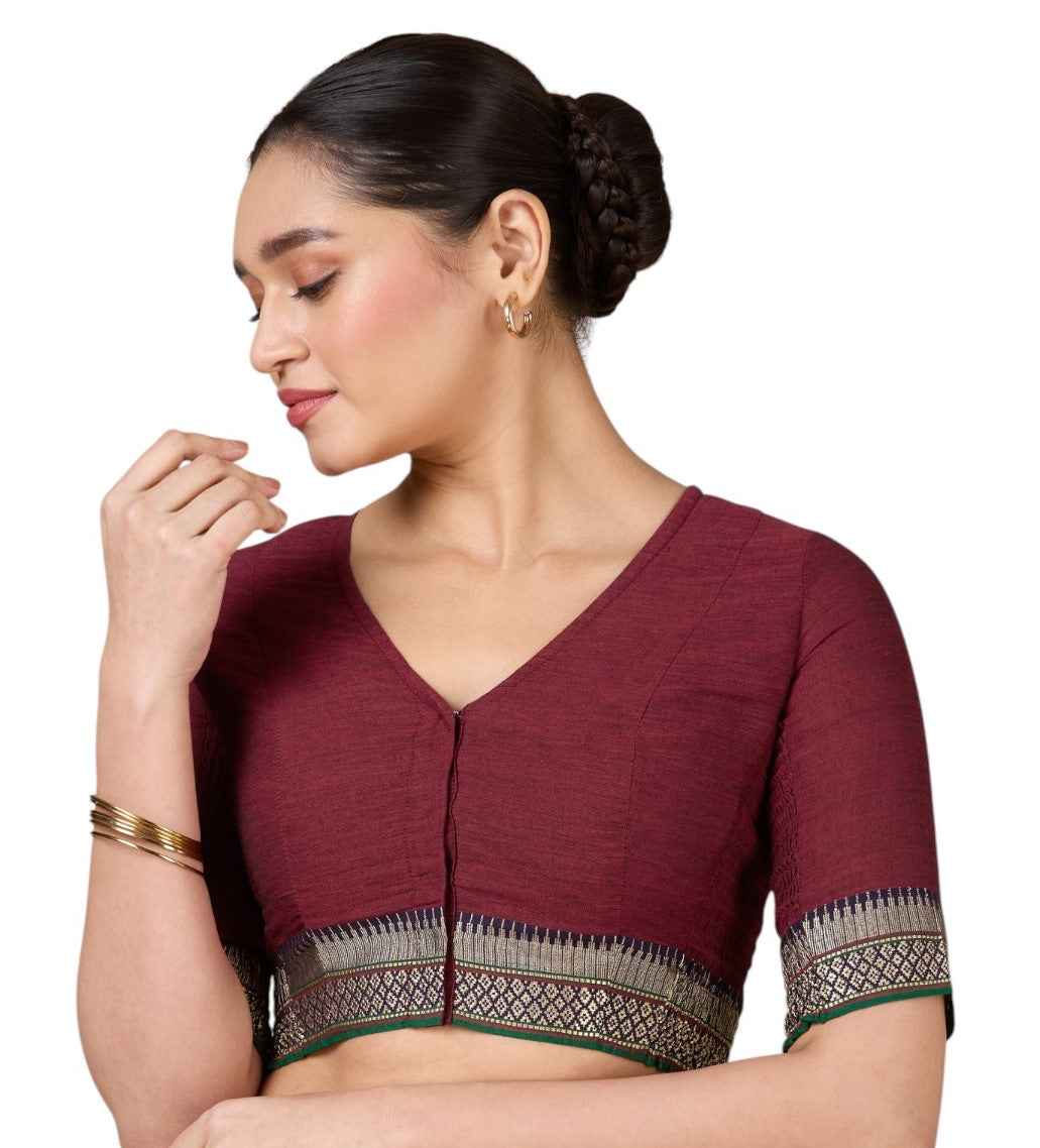 Women's Maroon Handloom Cotton Stretchable (Smocked) Saree Blouse (Design 2933)