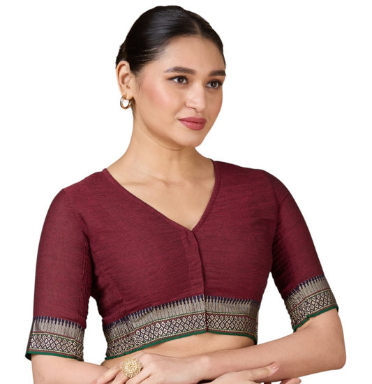 Women's Maroon Handloom Cotton Stretchable (Smocked) Saree Blouse (Design 2933)