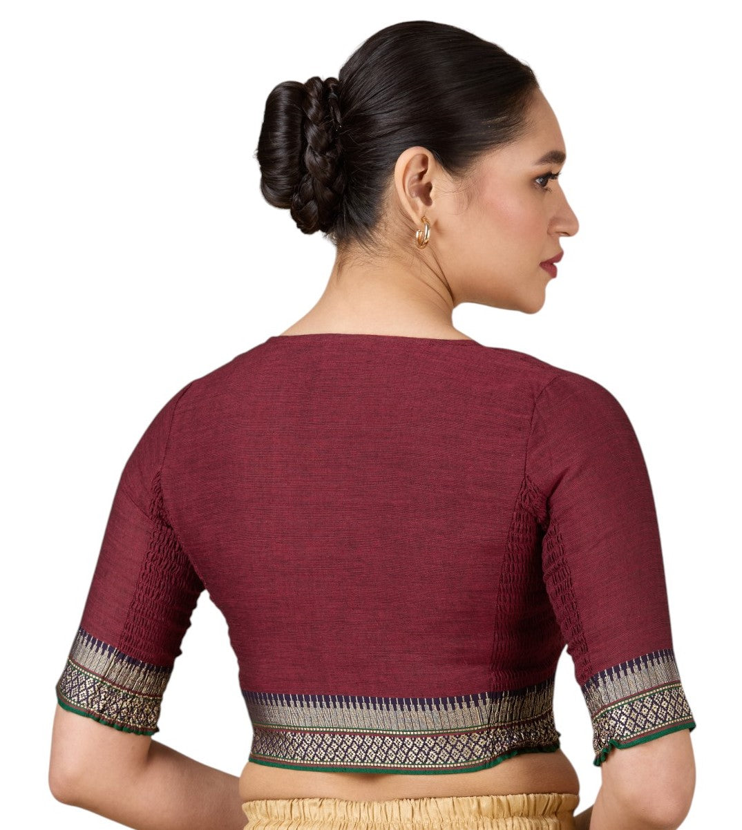 Women's Maroon Handloom Cotton Stretchable (Smocked) Saree Blouse (Design 2933)