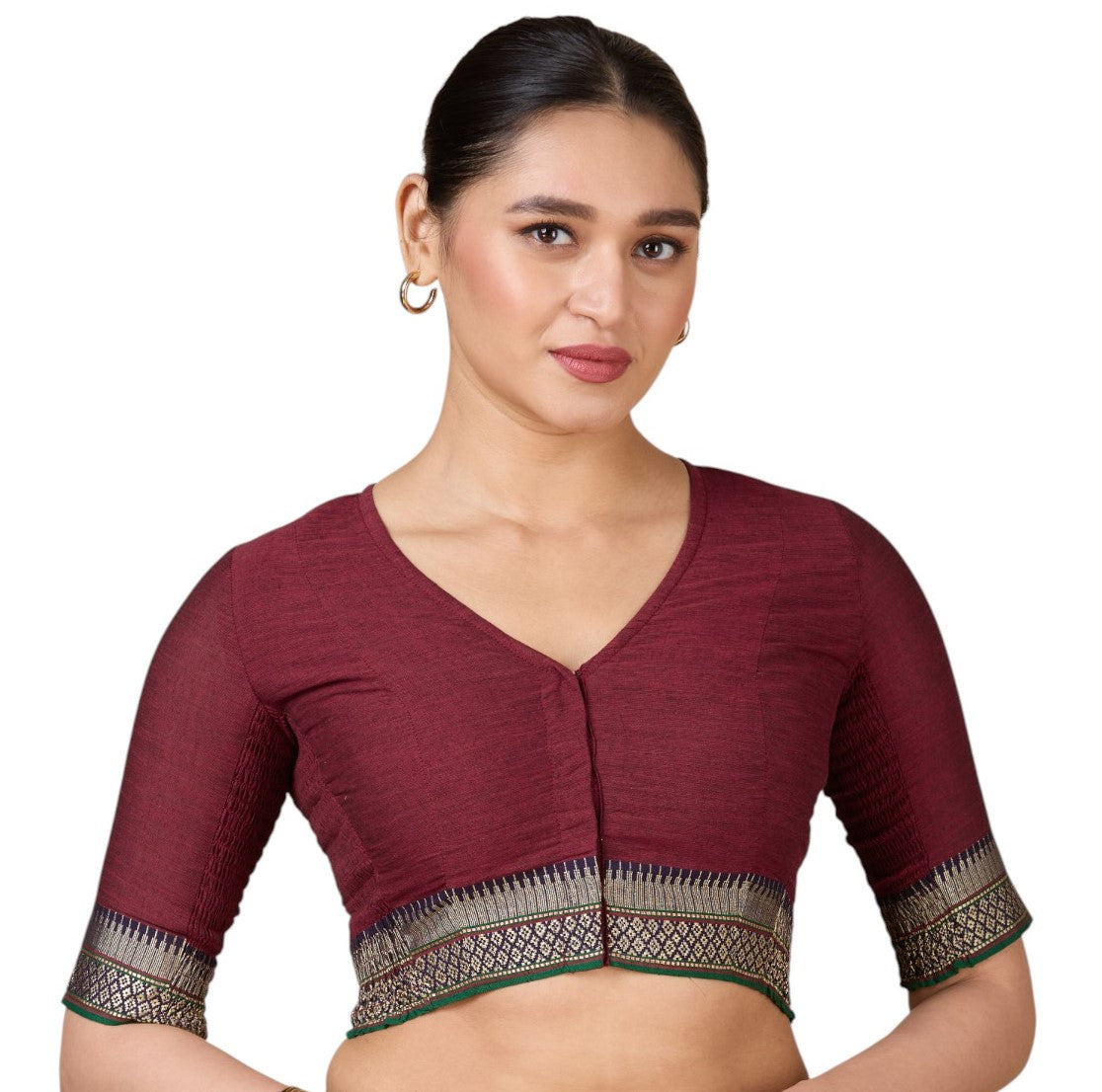Women's Maroon Handloom Cotton Stretchable (Smocked) Saree Blouse (Design 2933)