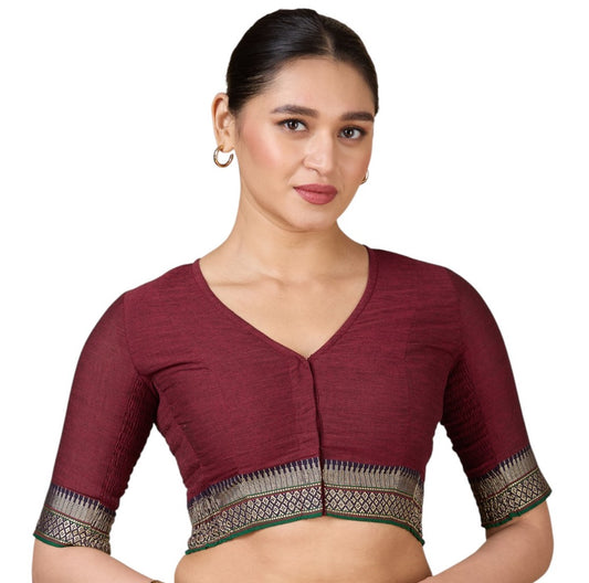 Women's Maroon Handloom Cotton Stretchable (Smocked) Saree Blouse (Design 2933)