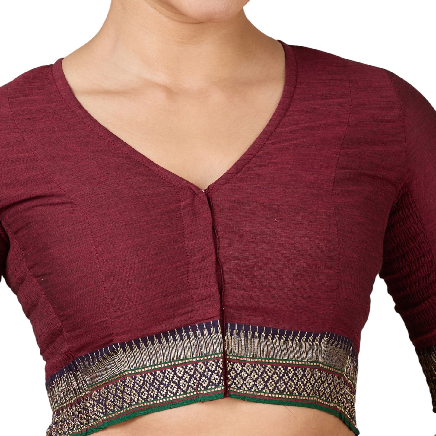 Women's Maroon Handloom Cotton Stretchable (Smocked) Saree Blouse (Design 2933)