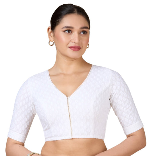 Women's White Viscose Rayon Chikankari Saree Blouse (Design 2934)