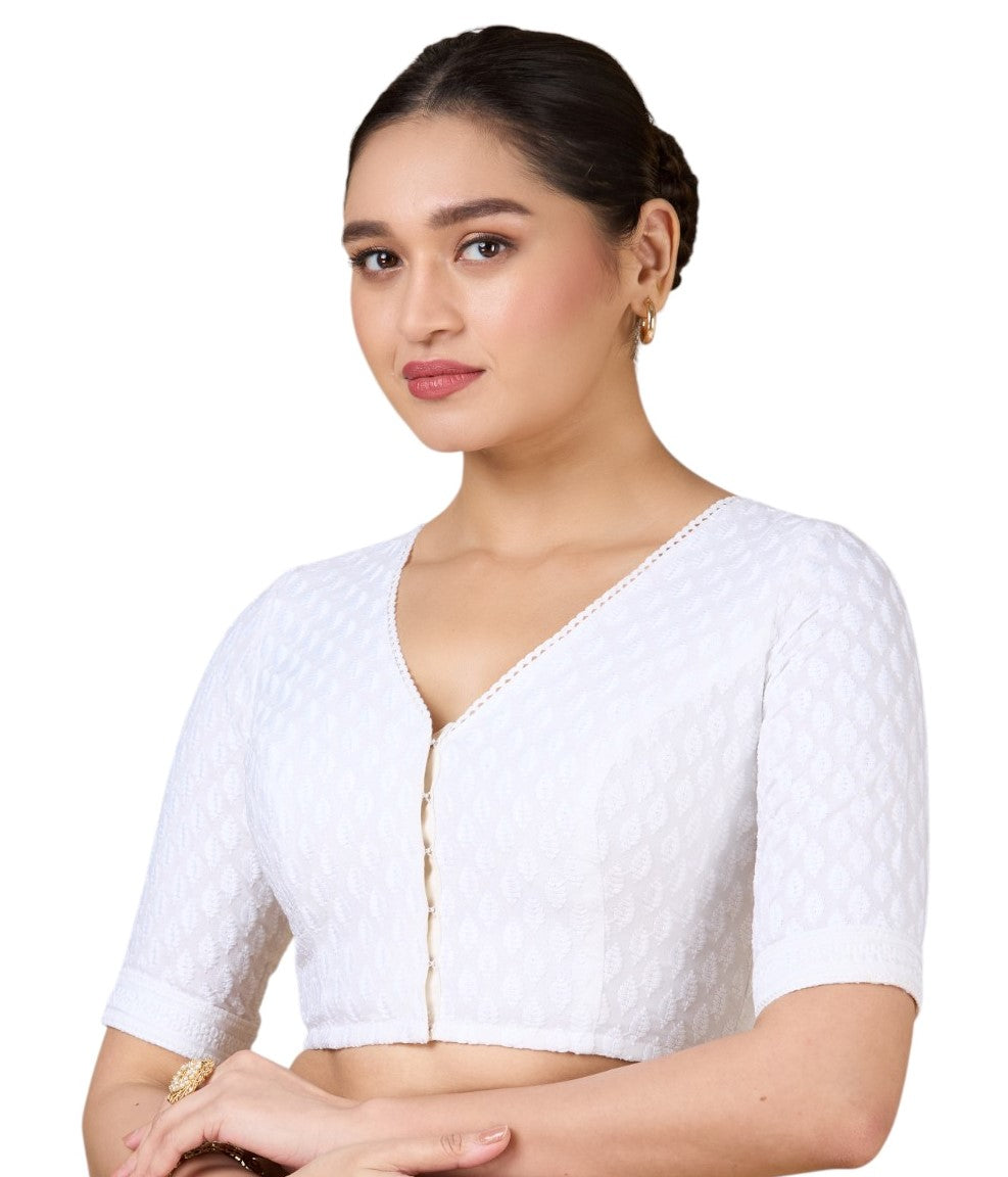 Women's White Viscose Rayon Chikankari Saree Blouse (Design 2934)