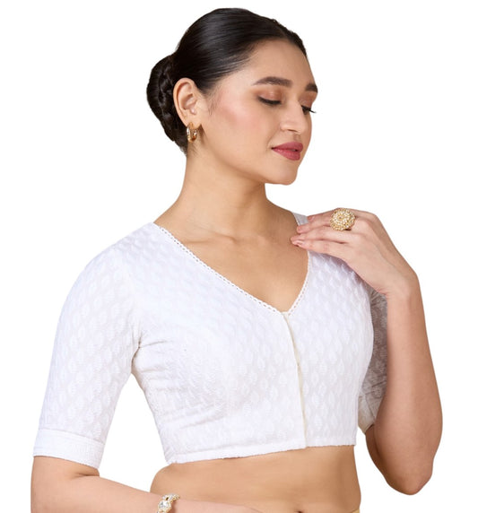 Women's White Viscose Rayon Chikankari Saree Blouse (Design 2934)
