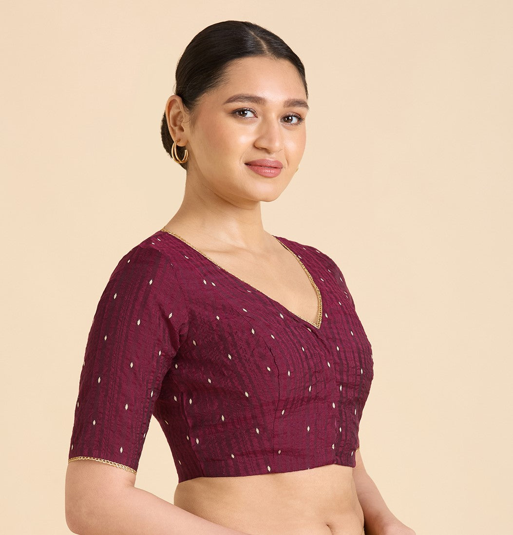 Women's wine Handloom Cotton Silk Readymade Saree Blouse (Design 2935)
