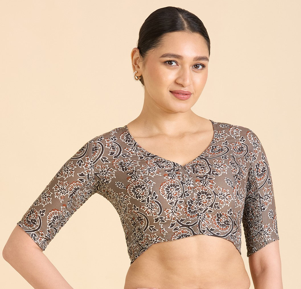 Women's Brown Thick Cotton Kalamkari Print Side Stretch (Smocked) Saree Blouse (Design 2936)