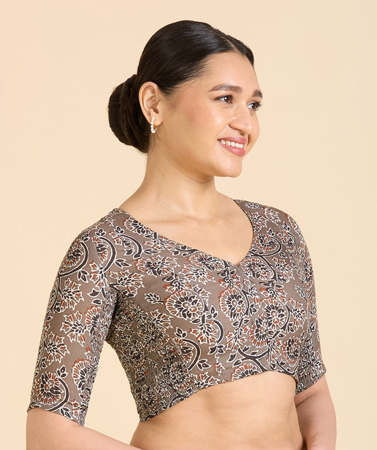 Women's Brown Thick Cotton Kalamkari Print Side Stretch (Smocked) Saree Blouse (Design 2936)