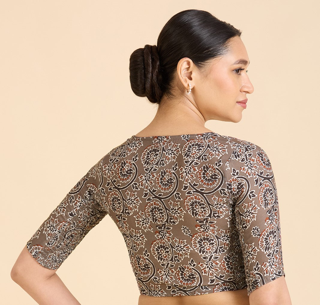 Women's Brown Thick Cotton Kalamkari Print Side Stretch (Smocked) Saree Blouse (Design 2936)