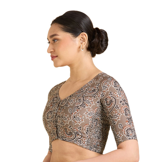 Women's Brown Thick Cotton Kalamkari Print Side Stretch (Smocked) Saree Blouse (Design 2936)