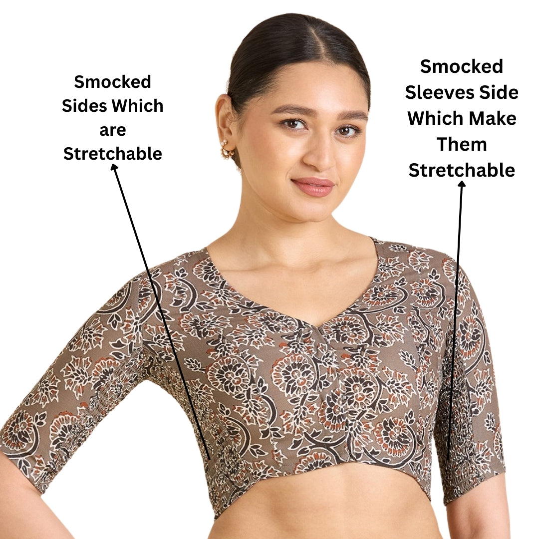 Women's Brown Thick Cotton Kalamkari Print Side Stretch (Smocked) Saree Blouse (Design 2936)