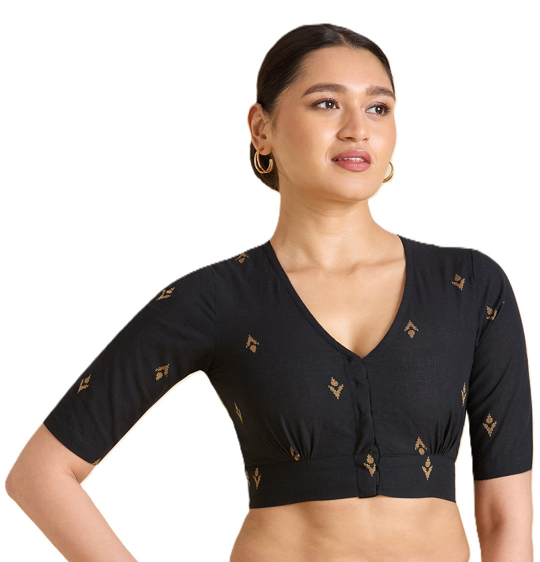 Women's Black Pure Cotton Handloom Ikat Front Open Readymade Saree Blouse (Design 2937)