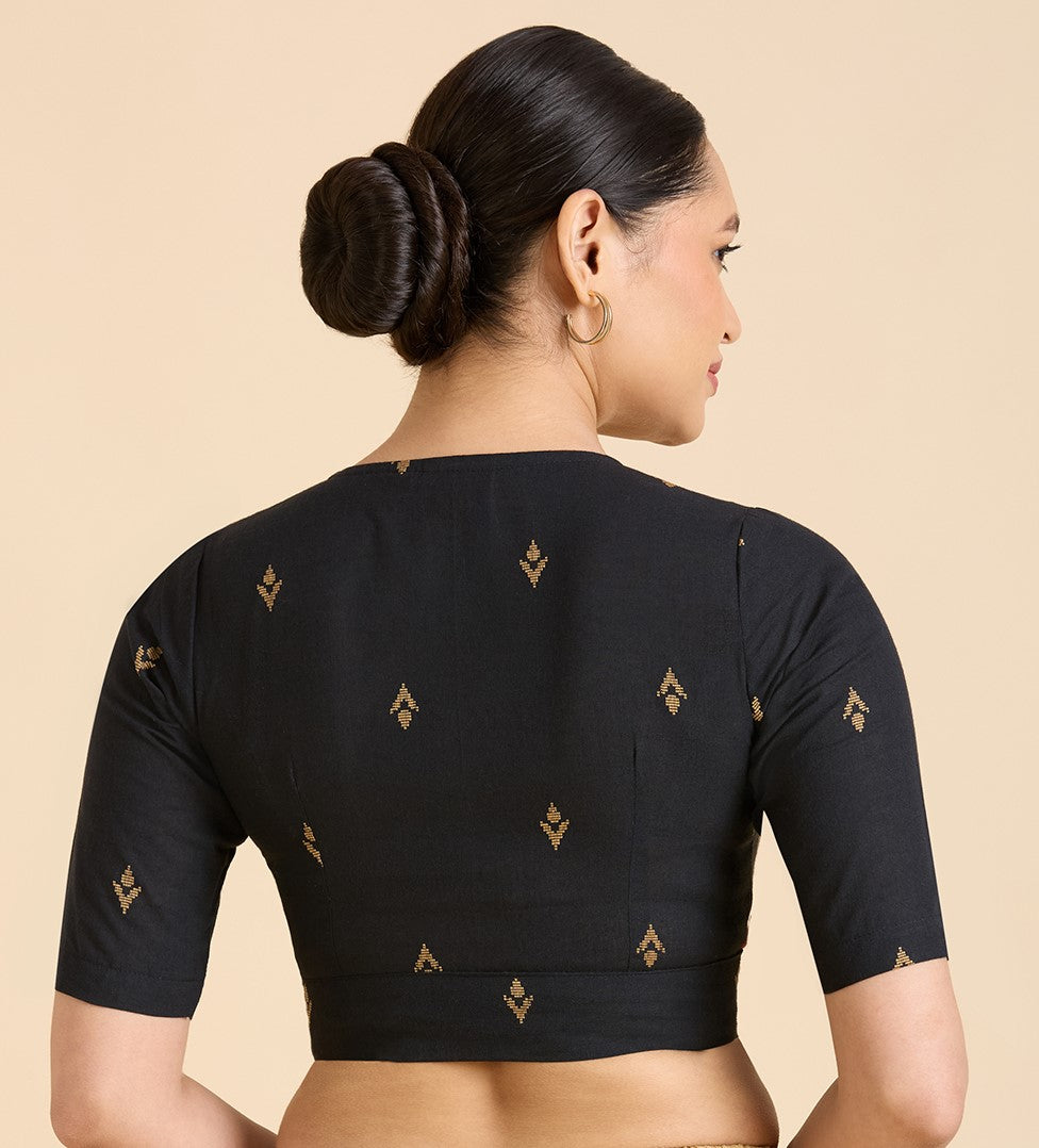 Women's Black Pure Cotton Handloom Ikat Front Open Readymade Saree Blouse (Design 2937)