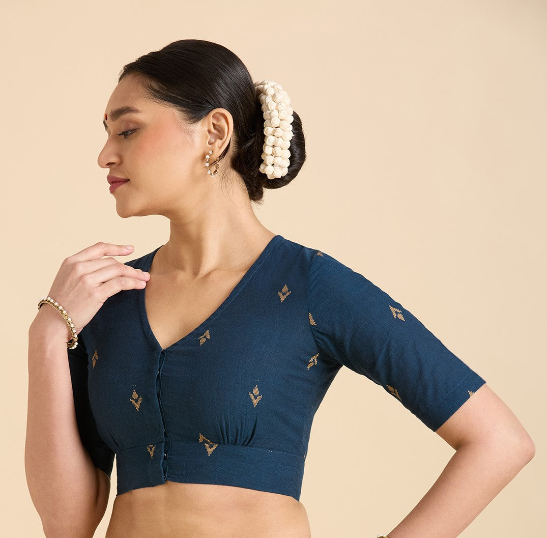 Women's Midnight Blue Pure Cotton Handloom Ikat Front Open Readymade Saree Blouse (Design 2937)