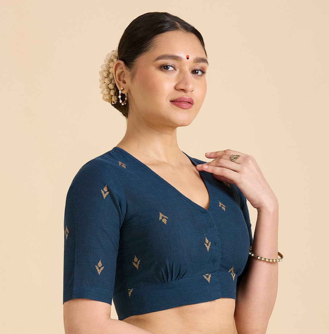Women's Midnight Blue Pure Cotton Handloom Ikat Front Open Readymade Saree Blouse (Design 2937)