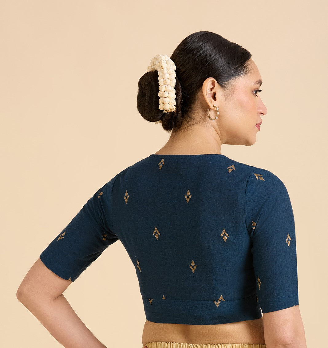Women's Midnight Blue Pure Cotton Handloom Ikat Front Open Readymade Saree Blouse (Design 2937)