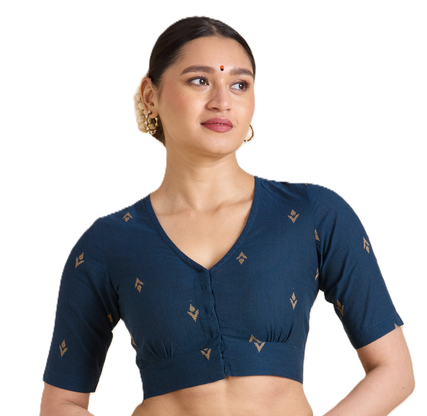 Women's Midnight Blue Pure Cotton Handloom Ikat Front Open Readymade Saree Blouse (Design 2937)
