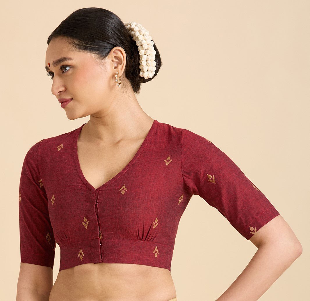 Women's Maroon Pure Cotton Handloom Ikat Front Open Readymade Saree Blouse (Design 2937)