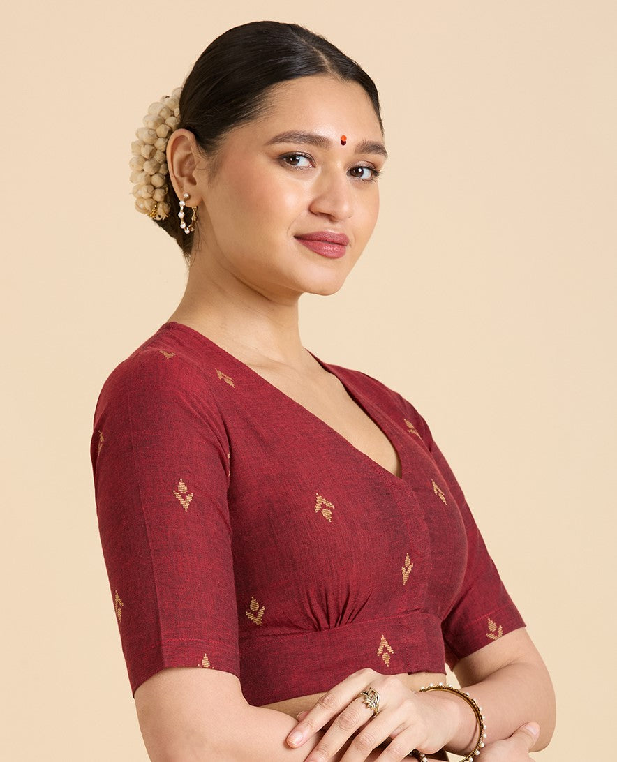 Women's Maroon Pure Cotton Handloom Ikat Front Open Readymade Saree Blouse (Design 2937)