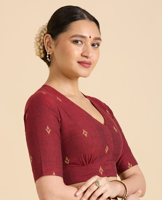 Women's Maroon Pure Cotton Handloom Ikat Front Open Readymade Saree Blouse (Design 2937)