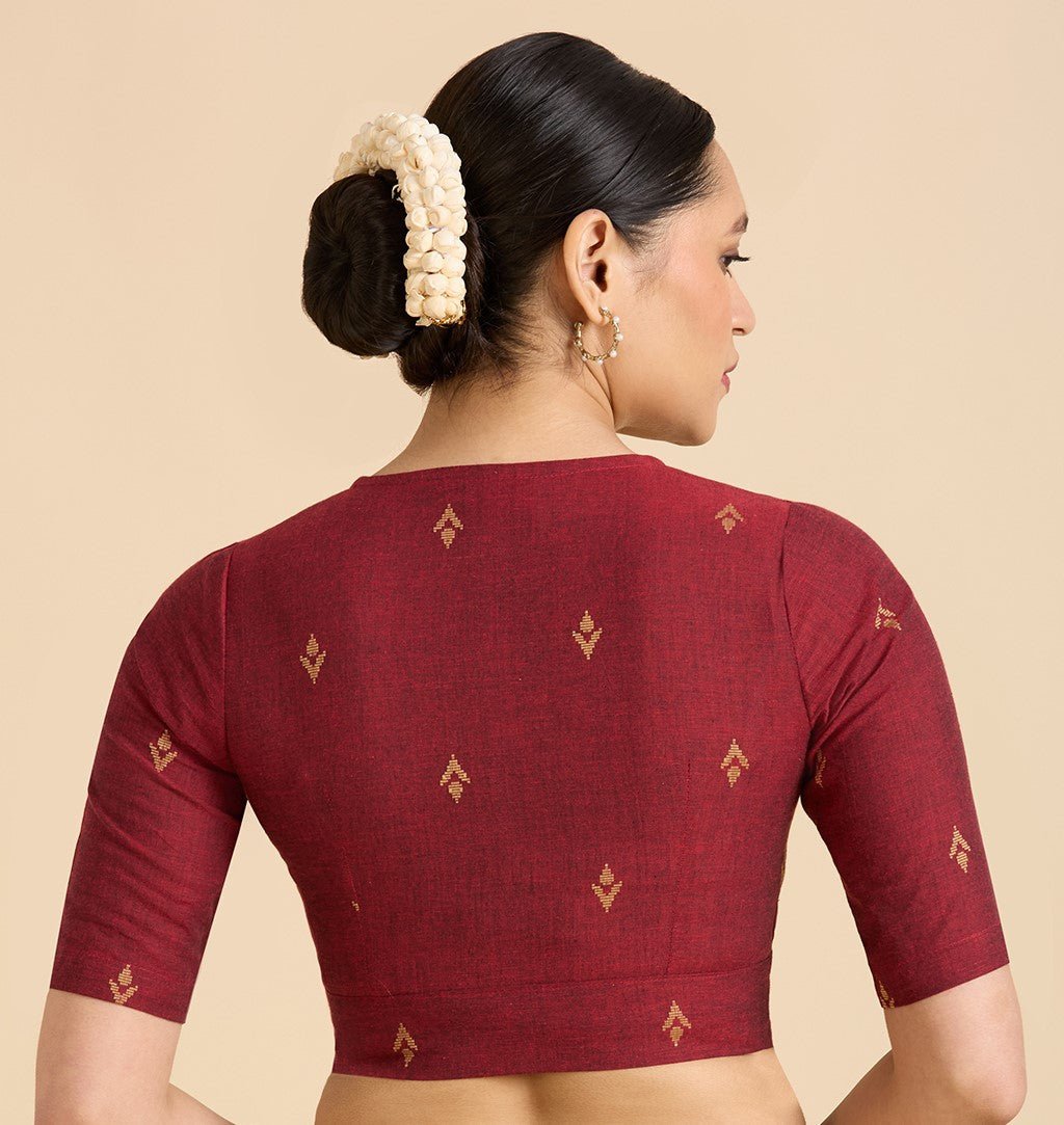 Women's Maroon Pure Cotton Handloom Ikat Front Open Readymade Saree Blouse (Design 2937)