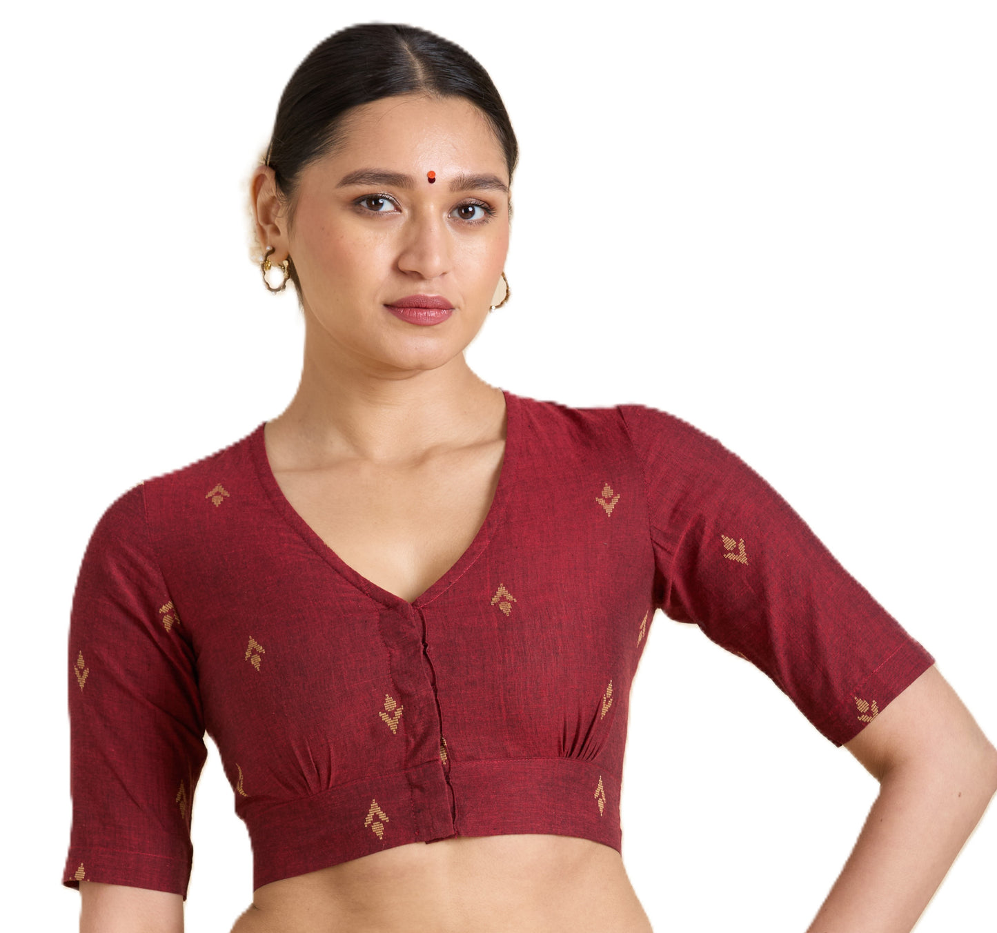 Women's Maroon Pure Cotton Handloom Ikat Front Open Readymade Saree Blouse (Design 2937)