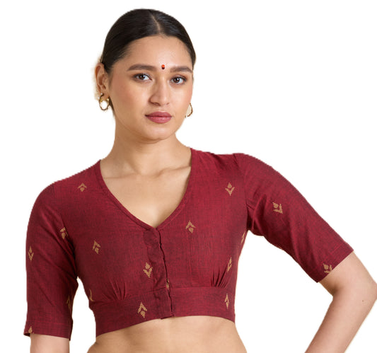 Women's Maroon Pure Cotton Handloom Ikat Front Open Readymade Saree Blouse (Design 2937)