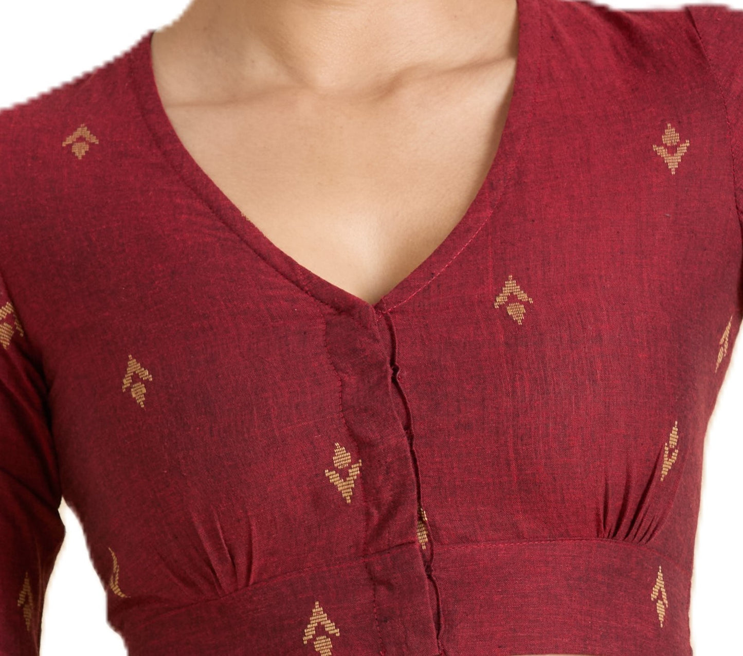 Women's Maroon Pure Cotton Handloom Ikat Front Open Readymade Saree Blouse (Design 2937)