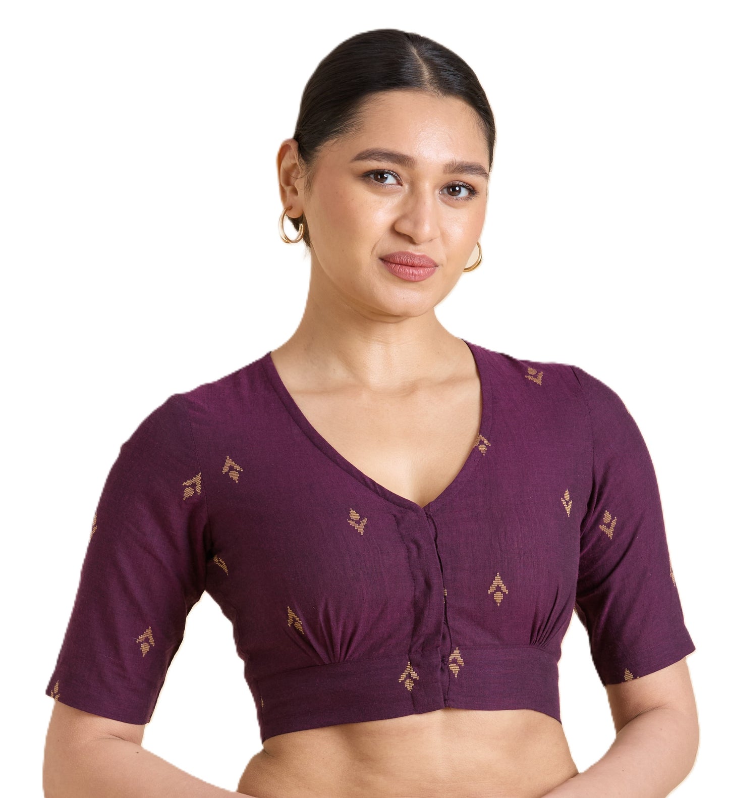 Women's Wine Pure Cotton Handloom Ikat Front Open Readymade Saree Blouse (Design 2937)