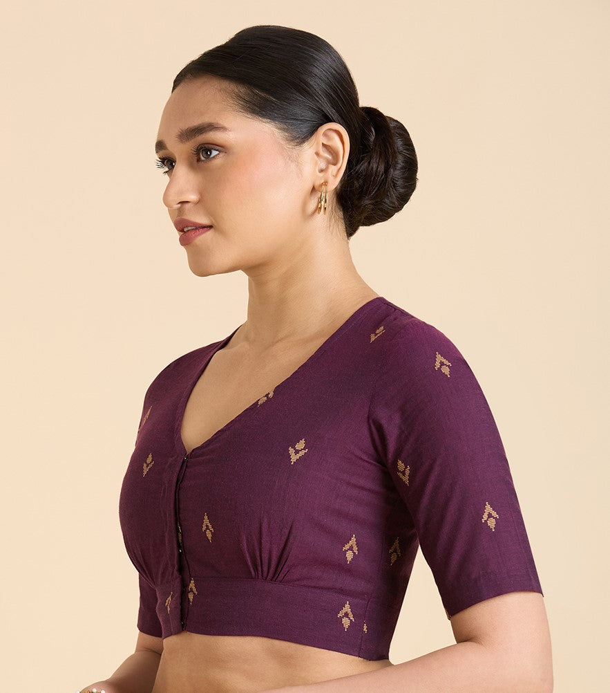 Women's Wine Pure Cotton Handloom Ikat Front Open Readymade Saree Blouse (Design 2937)