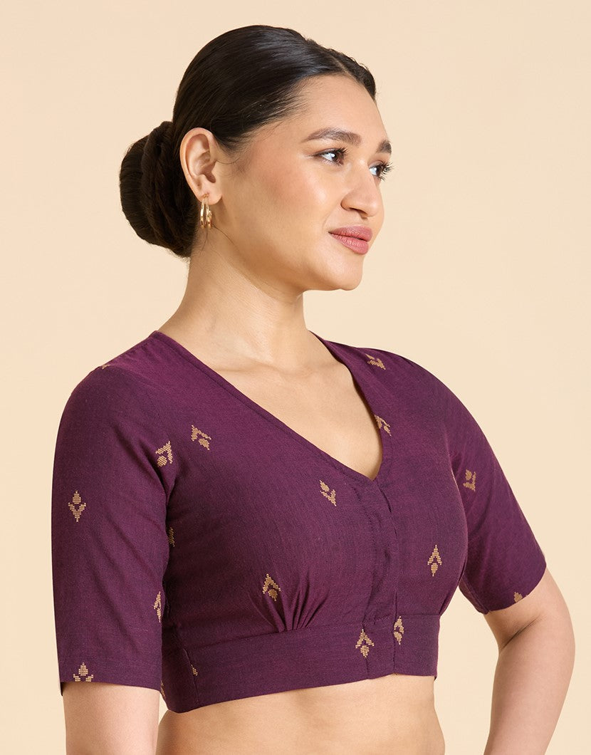 Women's Wine Pure Cotton Handloom Ikat Front Open Readymade Saree Blouse (Design 2937)