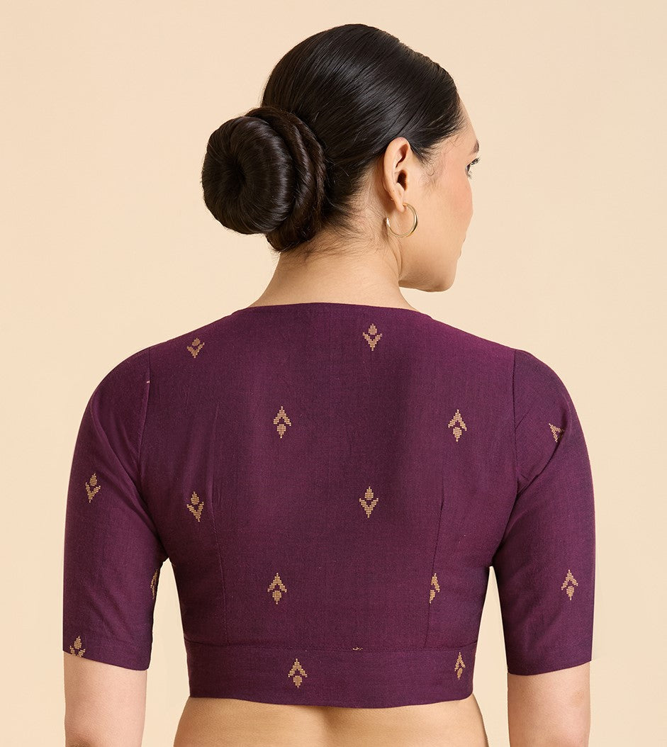 Women's Wine Pure Cotton Handloom Ikat Front Open Readymade Saree Blouse (Design 2937)