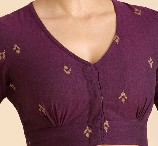 Women's Wine Pure Cotton Handloom Ikat Front Open Readymade Saree Blouse (Design 2937)